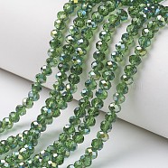 Electroplate Transparent Glass Beads Strands, Half Green Plated, Faceted, Rondelle, Lime Green, 8x6mm, Hole: 1mm, about 63~65pcs/strand, 39~40cm(EGLA-A034-T8mm-S10)