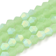 Imitation Jade Bicone Frosted Glass Bead Strands, Half AB Color Plated, Faceted, Light Green, 2.9~3.3x2.5mm, Hole: 0.7mm, about 145~150pcs/strand, 16.34~16.54 inch(41.5~42cm)(EGLA-A039-J2mm-MB01)