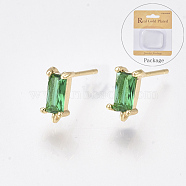 Brass Stud Earring Findings, Cubic Zirconia and Loop, Nickel Free, Real 18K Gold Plated, Rectangle, Green, 8.5x4mm, Hole: 0.8mm, Pin: 0.8mm(X-KK-T038-492A)