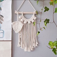 Cotton Cord Macrame Woven Tassel Wall Hanging, Boho Style Hanging Ornament with Wood Sticks, for Home Decoration, Floral White, 300x200mm(MAKN-PW0001-015B)