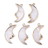 Natural Freshwater Shell Pendants, with Iron Loops, Brass Edge Golden Plated, Moon, Rosy Brown, 25x12x3mm, Hole: 1.8mm(X-SHEL-N026-136)