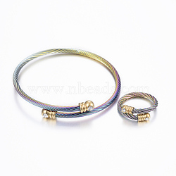 Trendy 304 Stainless Steel Torque Bangles & Rings Sets, with Rhinestone, Golden, 2-1/8 inch(53mm), 17mm(X-SJEW-H073-12A)