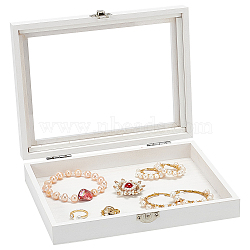 Rectangle Wooden Jewelry Presentation Box, with Visible Glass Lid and Iron Clasp, for Arts Hobbies and Home Storage, White, 21.4x17.1cm(AJEW-WH0083-61)