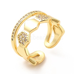 Clear Cubic Zirconia Hexagon Open Cuff Ring, Brass Jewelry for Women, Real 18K Gold Plated, Cadmium Free & Nickel Free & Lead Free, US Size 6 1/2(16.9mm)(KK-H439-27G)