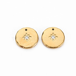 Ion Plating(IP) 304 Stainless Steel Charms, with Micro Pave Clear Cubic Zirconia, Cadmium Free & Nickel Free & Lead Free, Flat Round, Real 14K Gold Plated, 12x1.5mm, Hole: 0.9mm(STAS-N097-091LG-NR)