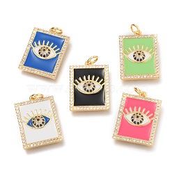 Brass Micro Pave Clear Cubic Zirconia Pendants, Long-Lasting Plated, with Jump Rings & Enamel, Real 18K Gold Plated, Rectangle with Eye, Mixed Color, 21x15x3mm, Hole: 3mm(ZIRC-B0004-08G)