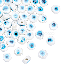 Nbeads 1Strand Handmade Porcelain Ceramic Beads Strands, Bright Glazed Porcelain, Flat Round with Evil Eye, White, 8x5mm, Hole: 1.5mm,about40pcs/strand(PORC-NB0001-04C)
