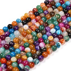 Natural Striped Agate/Banded Agate Beads Strands, Dyed, Faceted, Round, Colorful, 6mm, Hole: 1mm, about 66pcs/strand, 15.7 inch(G-H1593-6mm-6)