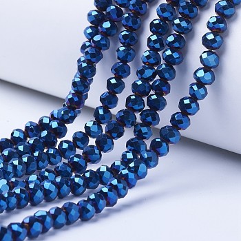 Electroplate Transparent Glass Beads Strands, Full Plated, Faceted, Rondelle, Blue Plated, 8x6mm, Hole: 1mm, about 65~68pcs/strand, 15.7~16.1 inch(40~41cm)