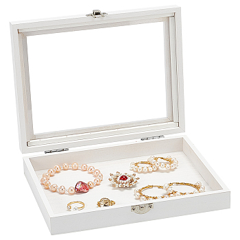 Rectangle Wooden Jewelry Presentation Box, with Visible Glass Lid and Iron Clasp, for Arts Hobbies and Home Storage, White, 21.4x17.1cm