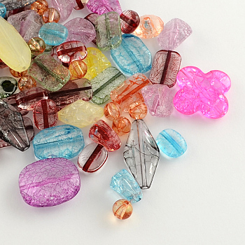 Mixed Crackle Style Transparent Acrylic Beads, Mixed Color, 8~31x8~28x3~8mm, Hole: 1~2mm