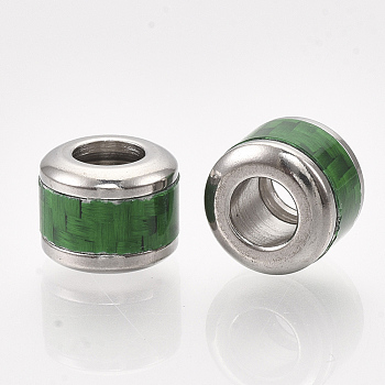 304 Stainless Steel European Beads, with Fiber, Large Hole Beads, Column with Basket Weave Pattern, Stainless Steel Color, Green, 10x8mm, Hole: 5mm