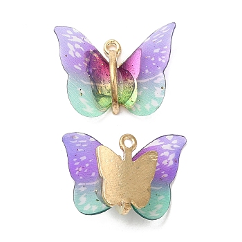 Transparent Resin Pendants, Butterfly Charms with Golden Plated Alloy Findings, Violet, 17~18x21~24x7~7.5mm, Hole: 1.5mm