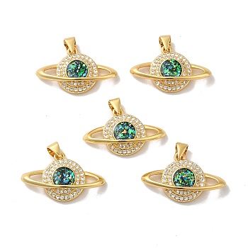 Rack Plating Brass Micro Pave Cubic Zirconia with Synthetic Opal Pendants, with Jump Ring, Lead Free & Cadmium Free, Long-Lasting Plated, Planet, Real 18K Gold Plated, 15.5x25x5.6mm, Hole: 5x3.6mm