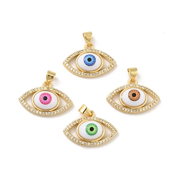 Brass Micro Pave Cubic Zirconia Pendants, with Acrylic, Cadmium Free & Lead Free, Long-Lasting Plated, Evil Eye, Real 18K Gold Plated, Mixed Color, 15x22.5x6mm, Hole: 4x3.5mm