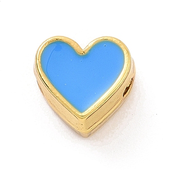 Eco-friendly Rack Plating Brass Enamel Beads, Cadmium Free & Lead Free, Long-Lasting Plated, Real 18K Gold Plated, Heart, Deep Sky Blue, 7x7.5x5mm, Hole: 1.2mm