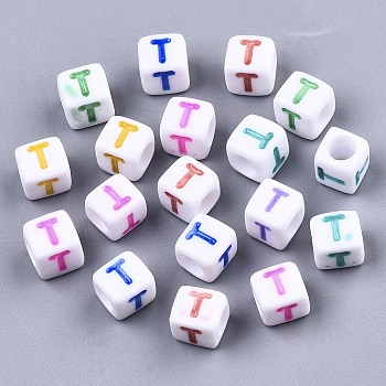 Opaque White Acrylic Beads, with Enamel, Horizontal Hole, Cube with Mixed Color Letter, Letter.T, 6x6x6mm, Hole: 3mm, about 2900pcs/500g