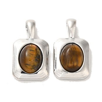Natural Tiger Eye Pendants, Brass Rectangle Charms, Platinum, 19x11x6mm, Hole: 4x2mm
