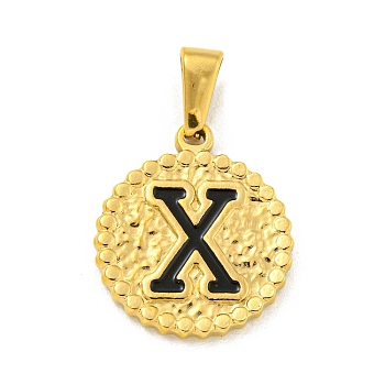 Ion Plating(IP) 304 Stainless Steel Enamel Pendants, Golden, Flat Round with Letter Charm, Letter X, 21x18x2mm, Hole: 8x3.5mm