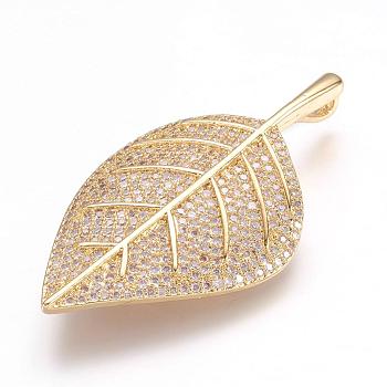 Brass Micro Pave Cubic Zirconia Pendants, Real 18K Gold Plated, Leaf, 41.5x23x5mm, Hole: 2x4mm