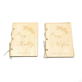 Creative Wooden Greeting Cards, Wedding Vows Book, with Jute Rope and Kraft Paper, Light Yellow, 180x130x6mm, 2pcs/set