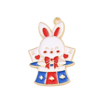 Alloy Enamel Pendants, Golden, Rabbit with Playing Cards Charm, Red, 33x22x1.5mm, Hole: 2mm