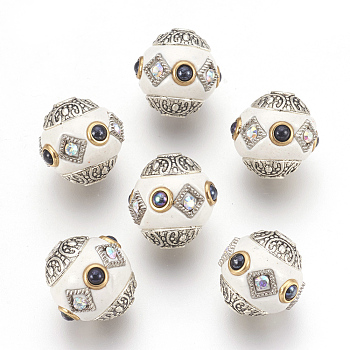 Polymer Clay Beads, with Rhinestone and Antique Silver Tone Mixed Metal Findings, Oval, White, 14~16x13~14mm, Hole: 1.8mm