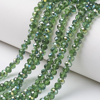 Electroplate Transparent Glass Beads Strands, Half Green Plated, Faceted, Rondelle, Lime Green, 8x6mm, Hole: 1mm, about 63~65pcs/strand, 39~40cm