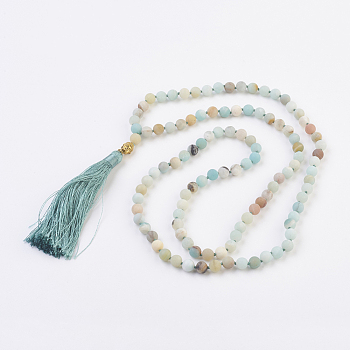 Natural Amazonite Buddha Mala Beads Necklaces, with Alloy Findings and Nylon Tassels, 109 Beads, 39.3 inch (100cm), Pendant: 115mm long