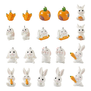 20Pcs 10 Styles Opaque Resin Pendants, Carrot & Rabbit Charms, with Platinum Tone Iron Loops, Mixed Color, 24.5~42x19~31.5x21~31mm, Hole: 2mm, 2pcs/style