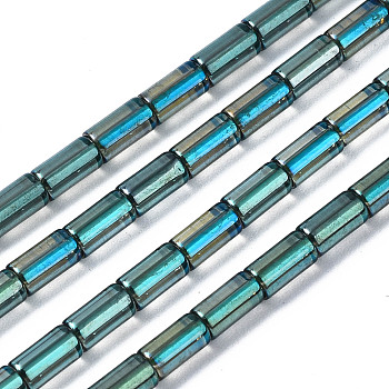 Electroplate Transparent Glass Beads Strands, AB Color Plated, Column, Dark Cyan, 5x2.5mm, Hole: 0.8mm, about 72~75pcs/strand, 13.98 inch~14.25 inch(35.5~36.2cm)