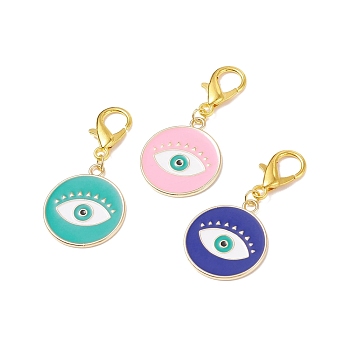 Alloy Enamel Evil Eye Pendant Decorations, with Alloy Lobster Claw Clasps, Clip-on Charms, for Keychain, Purse, Backpack Ornament, Stitch Marker, Flat Round, Mixed Color, 51mm