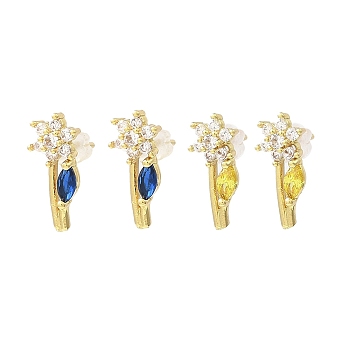 Flower Real 18K Gold Plated Brass Stud Earrings, with Clear Cubic Zirconia, Long-Lasting Plated, Lead Free & Cadmium Free, Mixed Color, 15x6.5mm