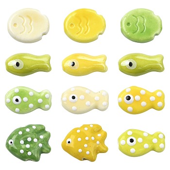 12Pcs 11 Styles Handmade Porcelain Beads, Fish, Famille Rose Porcelain, Yellow, 16.5~19.5x10~20.5x5.5~8mm, Hole: 1.8~2mm