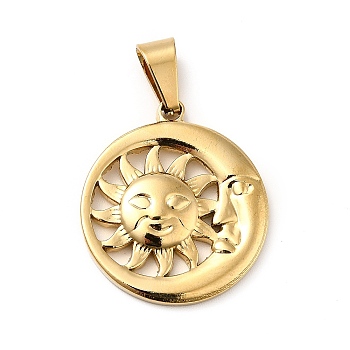 Vacuum Plating 201 Stainless Steel Pendants, Moon with Sun, Golden, 28x24.5x3mm, Hole: 8x4mm