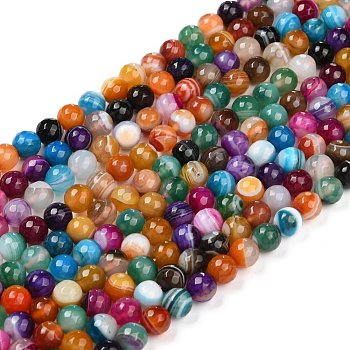 Natural Striped Agate/Banded Agate Beads Strands, Dyed, Faceted, Round, Colorful, 6mm, Hole: 1mm, about 66pcs/strand, 15.7 inch