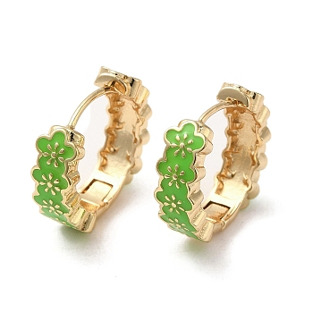 Flower Real 18K Gold Plated Brass Hoop Earrings, with Enamel, Green, 19x6mm