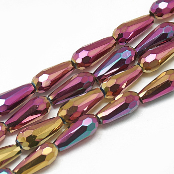 Electroplate Glass Beads Strands, Faceted Teardrop, Camellia, 9~9.5x4mm, Hole: 1mm, about 67~70pcs/strand, 24.01~25.59 inch(61~65cm)