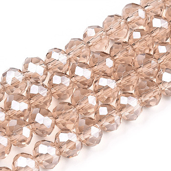 Electroplate Glass Beads Strands, Pearl Luster Plated, Faceted, Rondelle, PeachPuff, 3.5x3mm, Hole: 0.4mm, about 113~115pcs/strand, 32~33cm