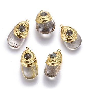 Natural Gold Rutilated Quartz Pendants, with Labradorite Beads and Brass Findings, teardrop, 37~41x20~25x14~20mm, Hole: 1.8mm