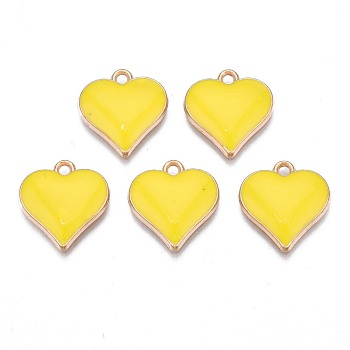 Alloy Enamel Pendants, Cadmium Free & Nickel Free & Lead Free, Light Gold, Heart, Yellow, 17x16x3mm, Hole: 1.6mm