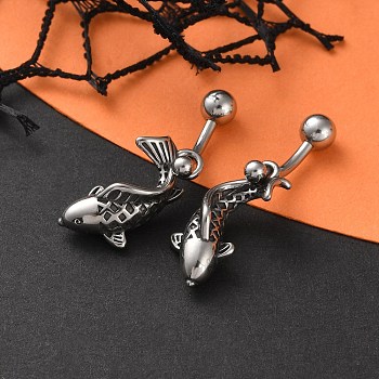 Fish 316 Surgical Stainless Steel Dangle Belly Button Rings, Piercing Navel Rings, Barbell Body Jewelry for Women, Antique Silver, 33x12.5mm