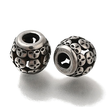 304 Stainless Steel European Beads, Large Hole Beads, Rondelle with Flower, Antique Silver, 10x8.5mm, Hole: 4mm