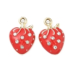 Alloy Enamel Pendants, Strawberry Charms, UV Plating, with Rhinestone, Golden, 18.5x12.5x4mm, Hole: 1.8mm(ALRI-D303-02G)
