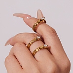 304 Stainless Steel Rhinestone Cuff Rings for Women, Leaf with Horse Eye, Golden, US Size 7(17.3mm)(RJEW-L134-001G-06)