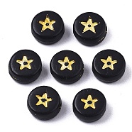 Opaque Acrylic Beads, Flat Round with Star, Black, Golden Plated, 7x4mm, Hole: 1.5mm, about 3600pcs/500g(PACR-N006-006A-02A)