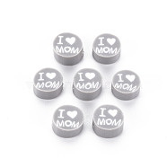 Handmade Polymer Clay Beads, Mother's Day Theme, Flat Round with Word I Love MOM, Light Grey, 8~9.5x3.5~4.5mm, Hole: 1.5mm(CLAY-T019-11F)