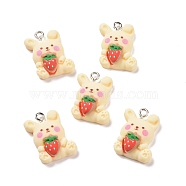 Opaque Resin Pendants, with Platinum Tone Iron Loops, Rabbit with Strawberry Charm, Blanched Almond, 21x15x6.7mm, Hole: 2mm(RESI-D057-10P-02)