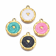 304 Stainless Steel Pendants, with Enamel, Flat Round with Heart, Golden, Mixed Color, 18x15x2.5mm, Hole: 1.4mm(STAS-S080-051G-NR)