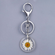 Alloy Resin Dried Flower Keychain, with Platinum Plated Alloy Key Clasps and Iron Key Rings, Clear, 93mm(X-KEYC-JKC00197)